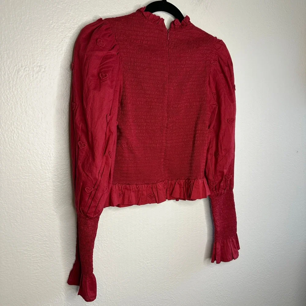 FARM Rio 3D Heart Smocked Blouse Size XS Red Embroidered Puff Sleeve Ruffle Top